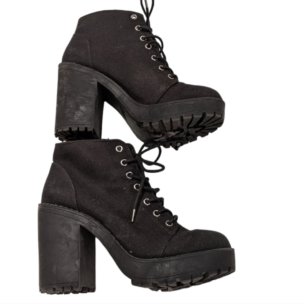 Divided, H&M black canvas healed combat / Moto style booties. Sz 7